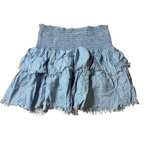 Aerie Smocked Tiered Ruffle Denim Mini Skirt Light Wash S